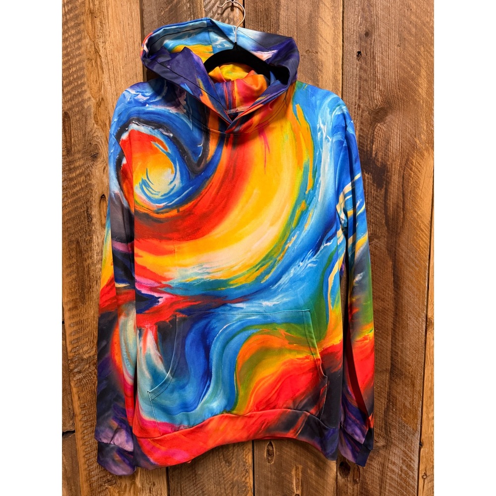 Abstract Rainbow‎ Swirl Hoodie Men's/ Unisex Large Psychedelic Y2K Art Festival